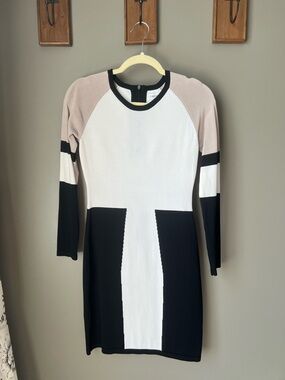 Calvin Klein Black, White & Taupe Colorblock Long Sleeve Dress